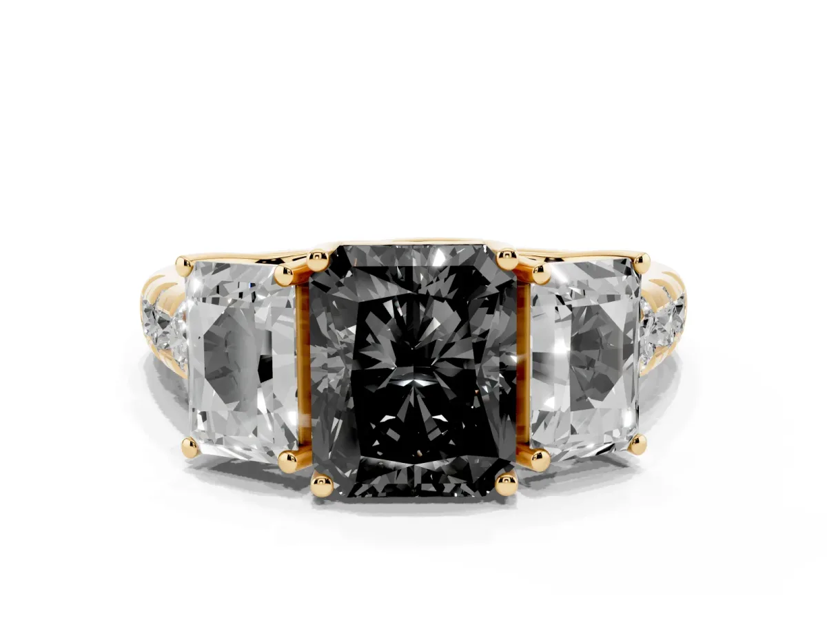 Fancy Black Three-Stone Radiant Cut Diamond Pavé Band with Prong Setting Yellow gold