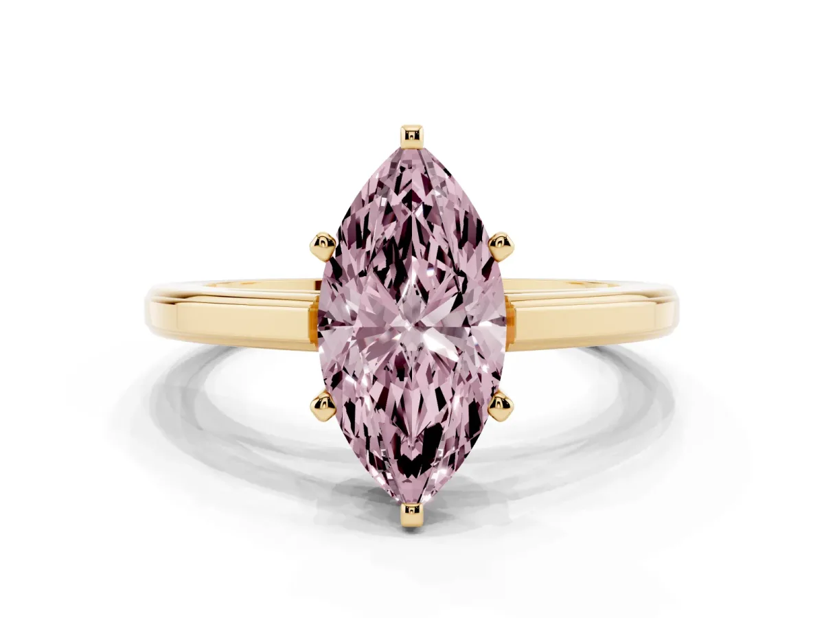 Fancy Pink Marquise Cut Solitaire Diamond Ring with Four-Prong Setting and Classic Band Yellow gold