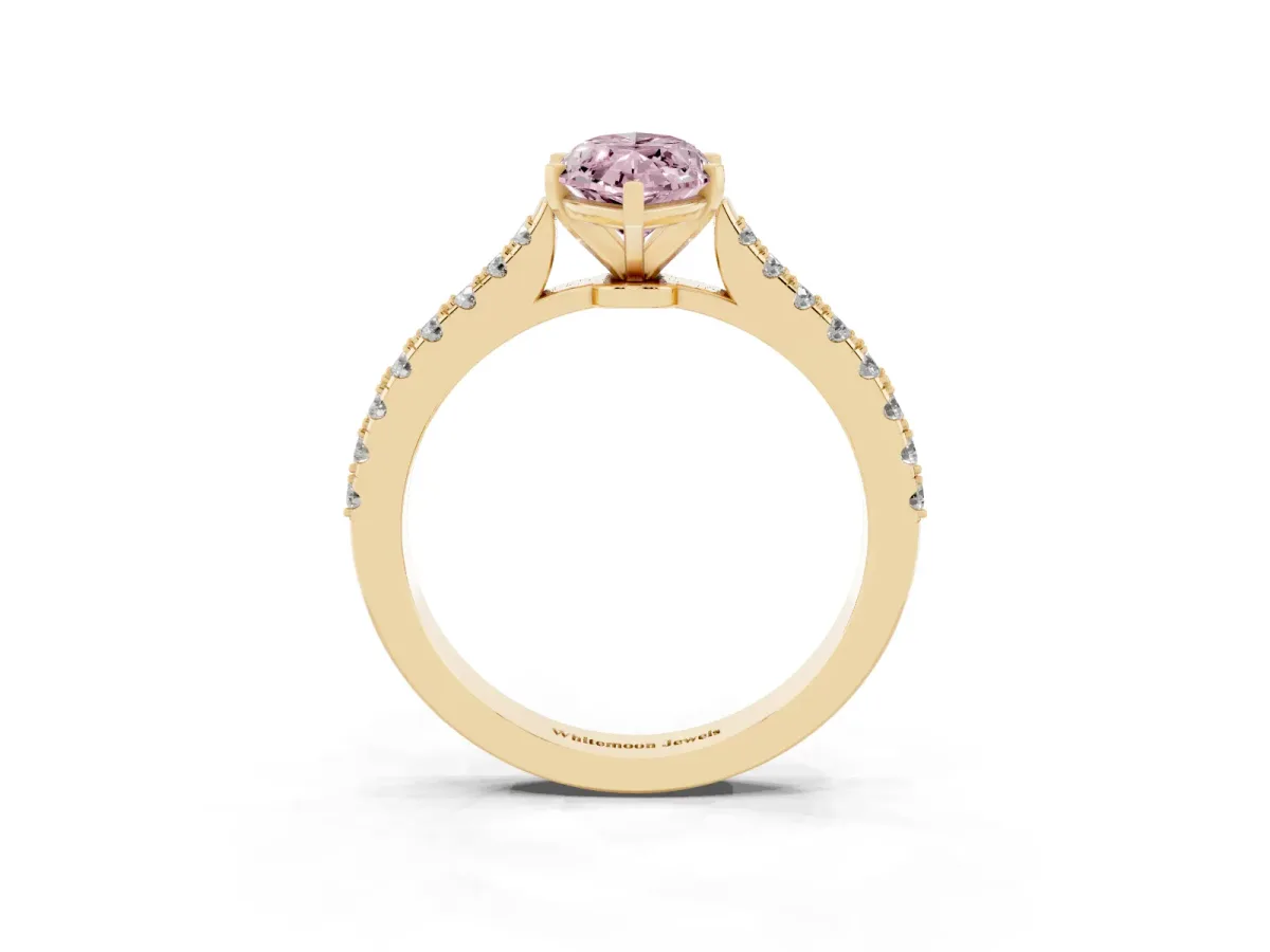 Fancy Pink Marquise Cut Cut Solitaire Diamond Engagement Ring with Pave Band and Four-Prong Setting Yellow gold