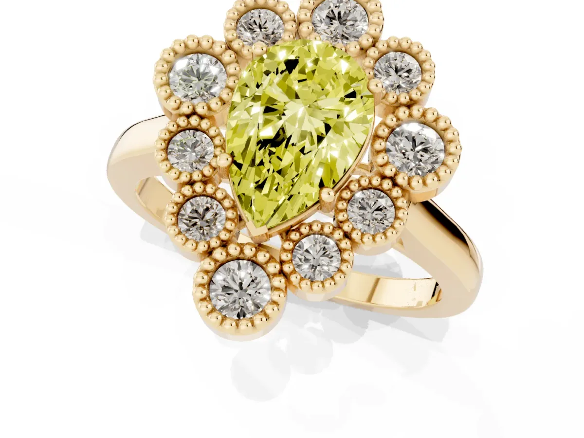 Fancy Yellow Pear Cut Halo Diamond Cluster Engagement Ring with Milgrain Bezel Setting and Solitaire Band Yellow gold