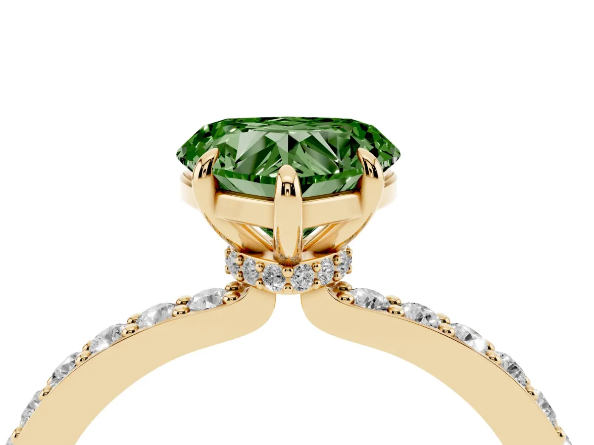 Fancy Green Heart Cut Diamond Pavé Engagement Ring with Round Accents and Prong Setting Yellow gold