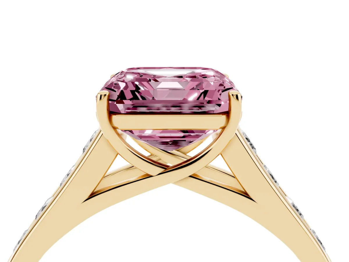 Fancy Pink Asscher Cut Solitaire Channel-Set Diamond Engagement Ring with Four-Prong Setting Yellow gold