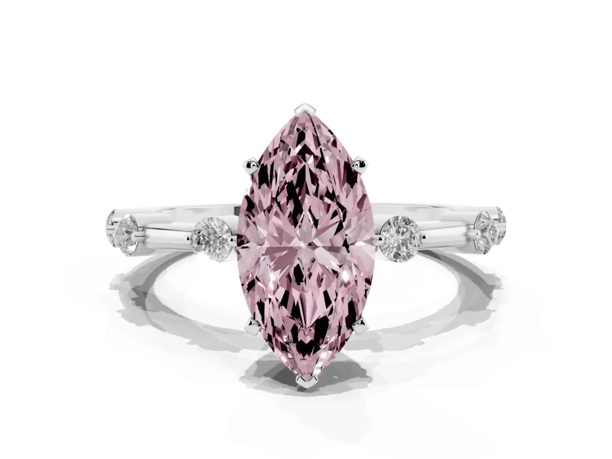 Fancy Pink Marquise Cut Solitaire Diamond Ring with Bezel Set Side Stones and Prong Setting Silver