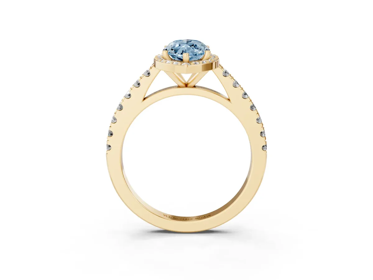 Fancy Blue Marquise Cut Cut Halo Diamond Engagement Ring with Pave Band and Four-Prong Setting Yellow gold
