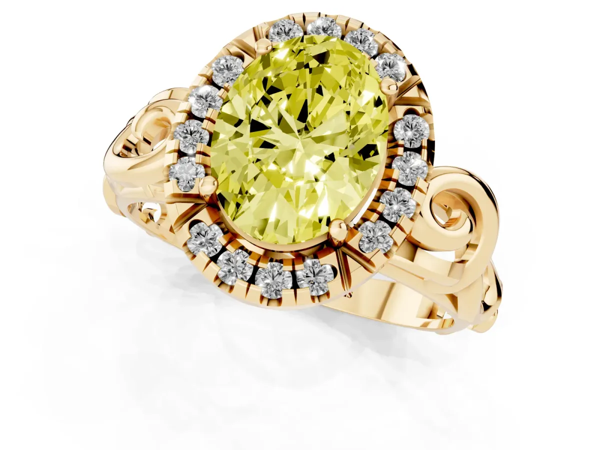 Fancy Yellow Oval Cut Cut Halo Diamond Ring with Scrollwork Band and Four-Prong Setting Yellow gold