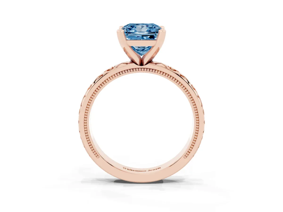 Fancy Blue Princess Cut Solitaire Diamond Engagement Ring with XO Engraved Band and Four-Prong Setting Rose gold
