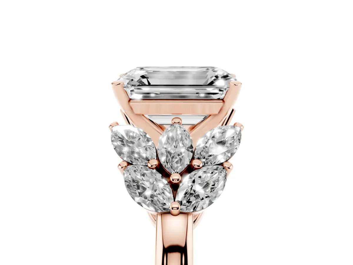 Emerald Cut Diamond Cluster Leaf Design Ring with Prong Setting Rose gold