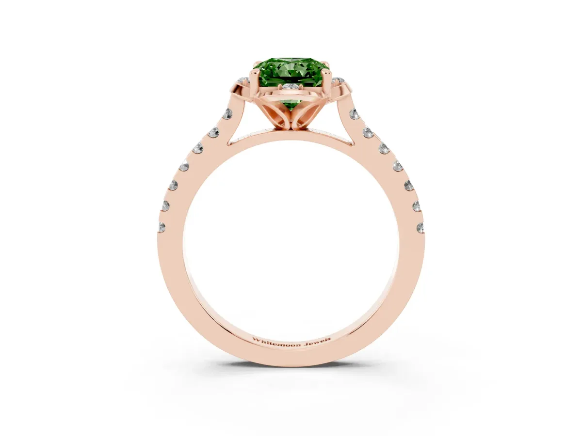 Fancy Green Radiant Cut Diamond Ring with Pavé Band and Floral Prong Setting Rose gold