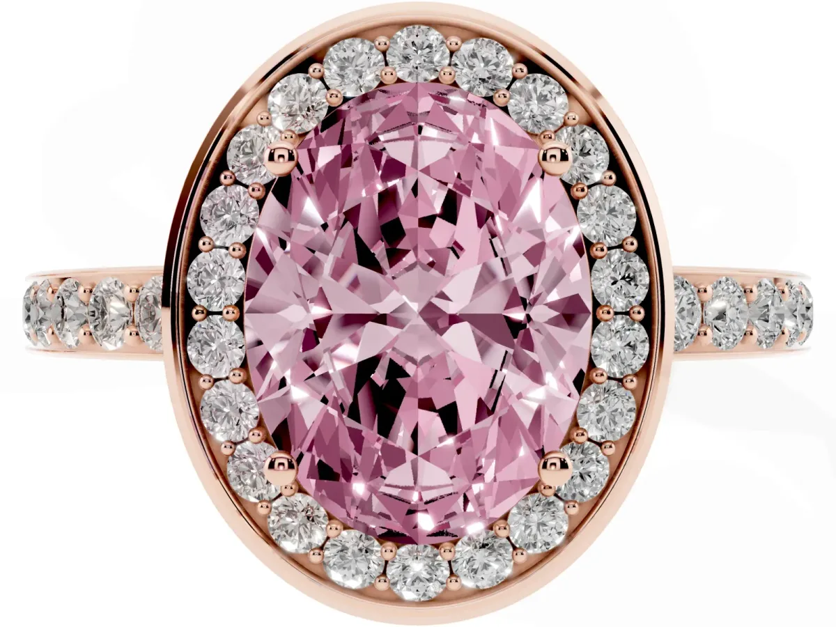 Fancy Pink Oval Cut Diamond Halo Ring with Bezel Frame and Pavé Band Rose gold