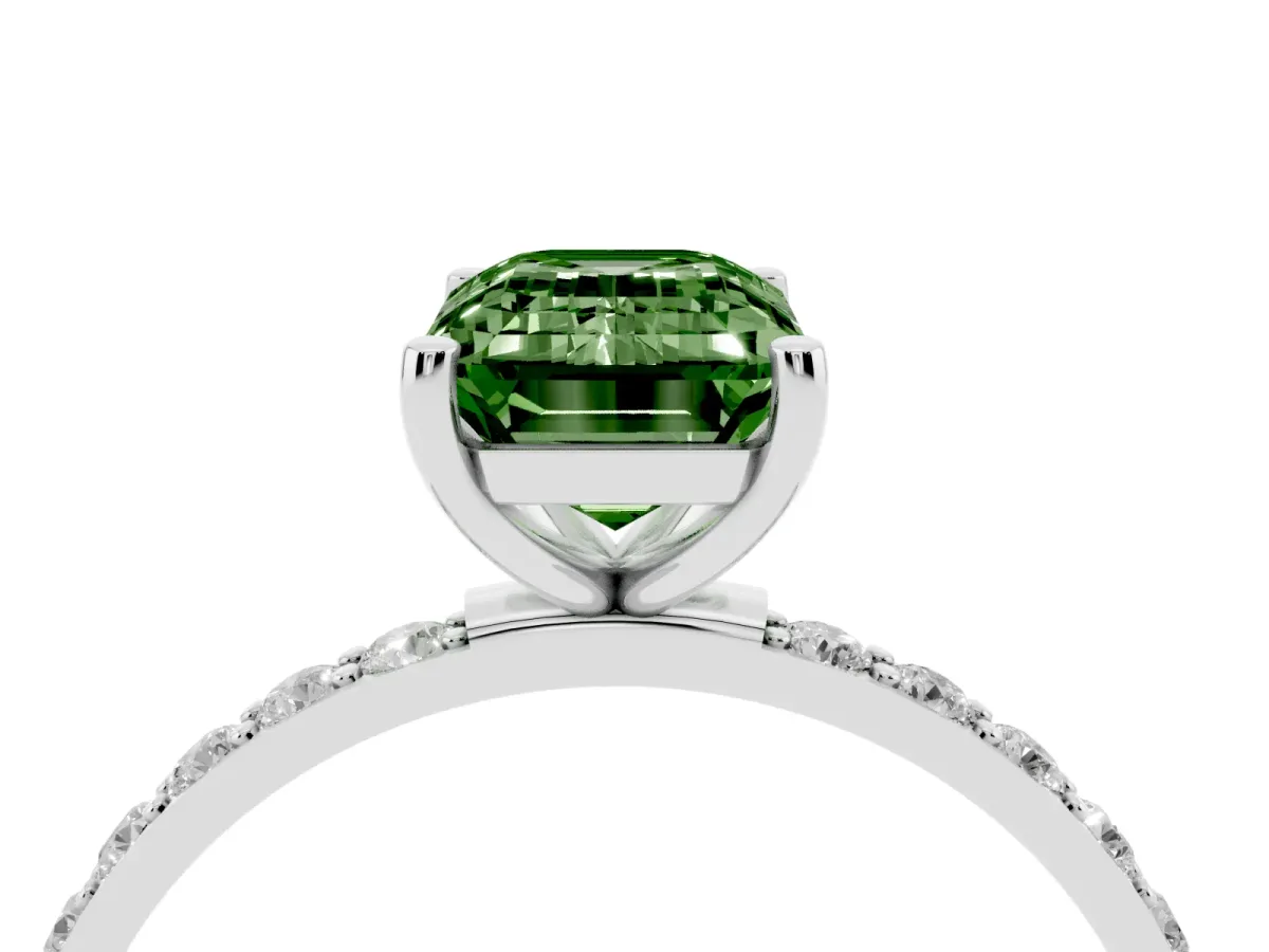 Fancy Green Emerald Cut Diamond Solitaire Ring with Round Pavé Shoulders and Prong Setting Silver