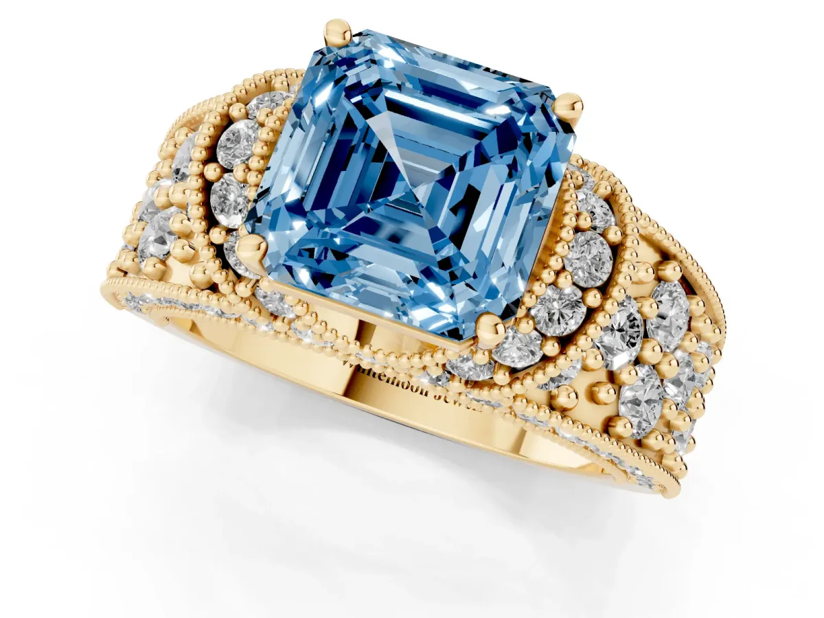 Fancy Blue Asscher Cut Halo Pave Diamond Engagement Ring with Milgrain Detailing Yellow gold