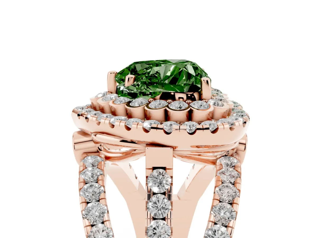 Fancy Green Heart Cut Diamond Double Halo Ring with Round Pavé Split Shank and Prong Setting Rose gold