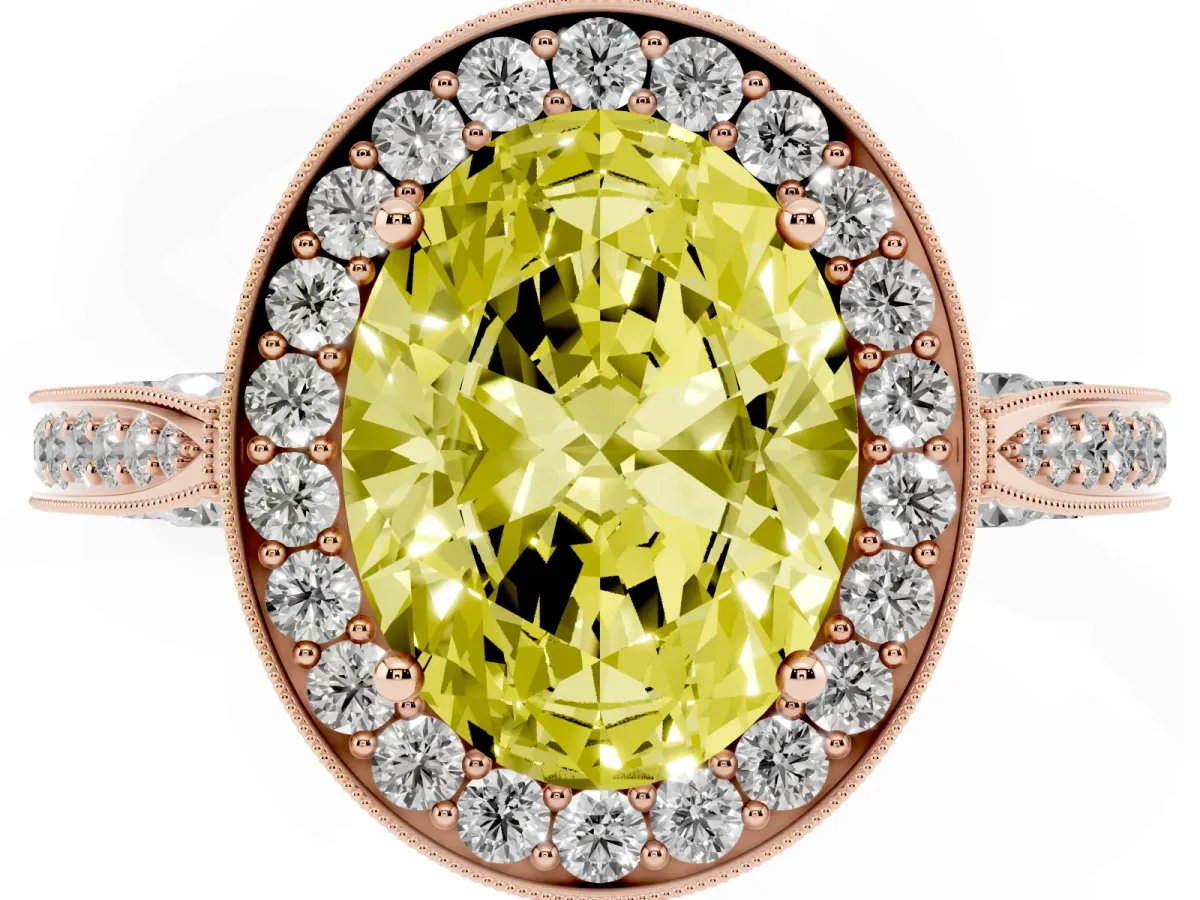 Fancy Yellow Oval Cut Halo Diamond Engagement Ring with Split Shank Band and Four-Prong Setting Rose gold