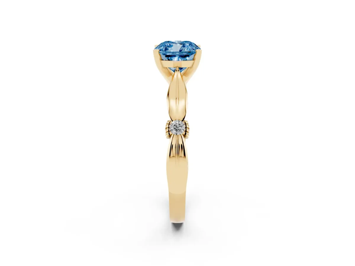 Fancy Blue Cushion Cut Solitaire Diamond Twisted Band with Four-Prong Setting Yellow gold