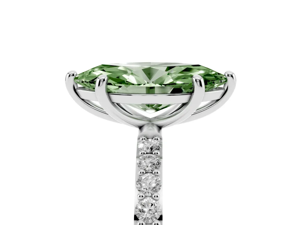 Fancy Green Marquise Cut Diamond Solitaire Ring with Round Pavé Band and Prong Setting Silver