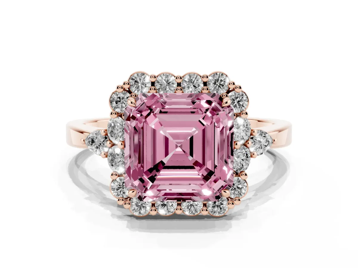 Fancy Pink Asscher Cut Diamond Halo Ring with Pear Side Stones and Prong Setting Rose gold