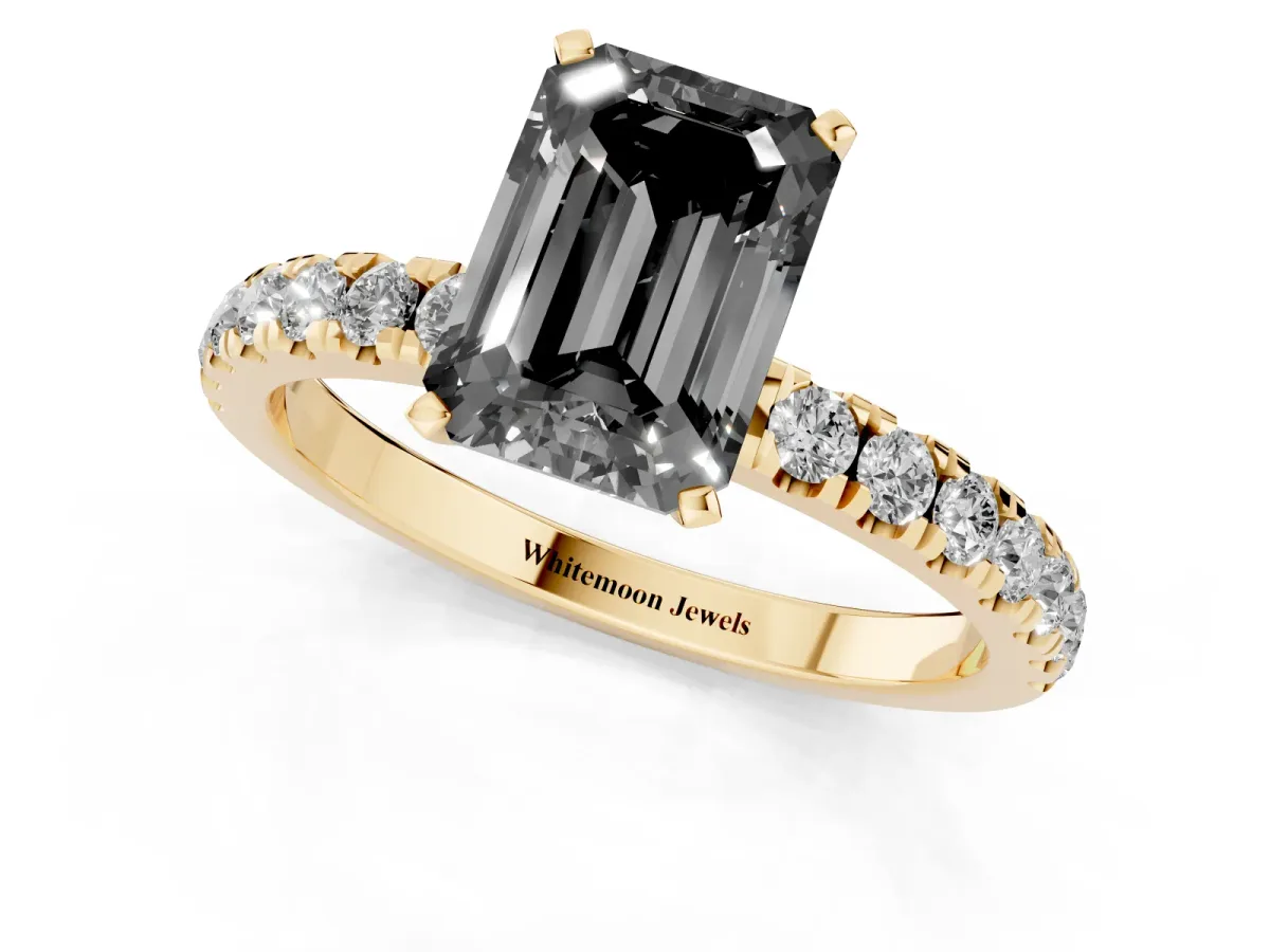Fancy Black Emerald Cut Diamond Solitaire Ring with Pavé Accents and Four-Prong Setting Yellow gold
