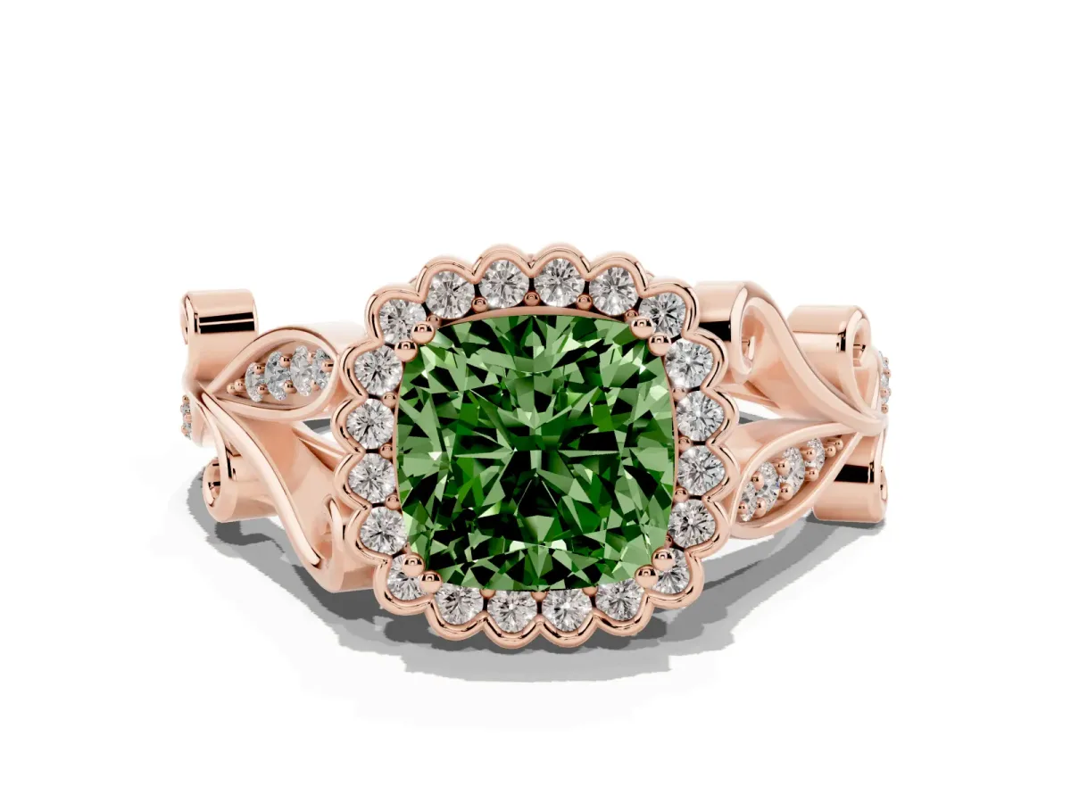 Fancy Green Cushion Cut Diamond Halo Ring with Vintage Split Shank and Four-Prong Setting Rose gold
