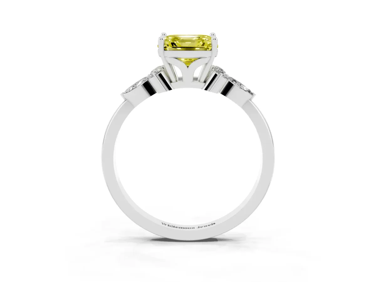 Fancy Yellow Asscher Cut Brilliant Diamond Solitaire Ring with Pear Side Stones and Four-Prong Setting White gold