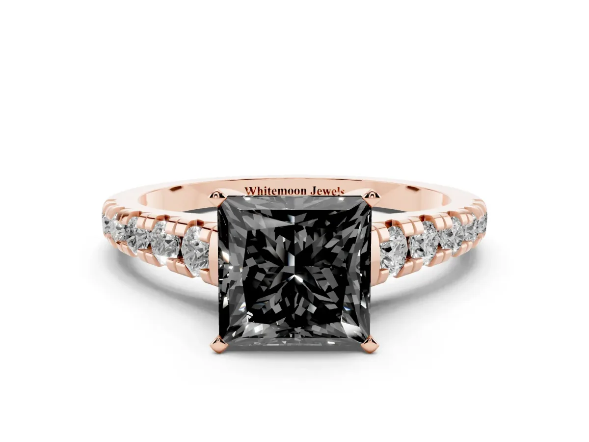 Fancy Black Princess Cut Diamond Cathedral Solitaire Ring with Round Pavé Band Rose gold