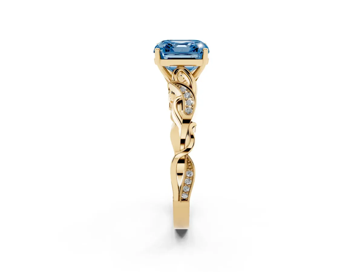 Fancy Blue Asscher Cut Solitaire Vine Band with Milgrain Prong Setting Yellow gold