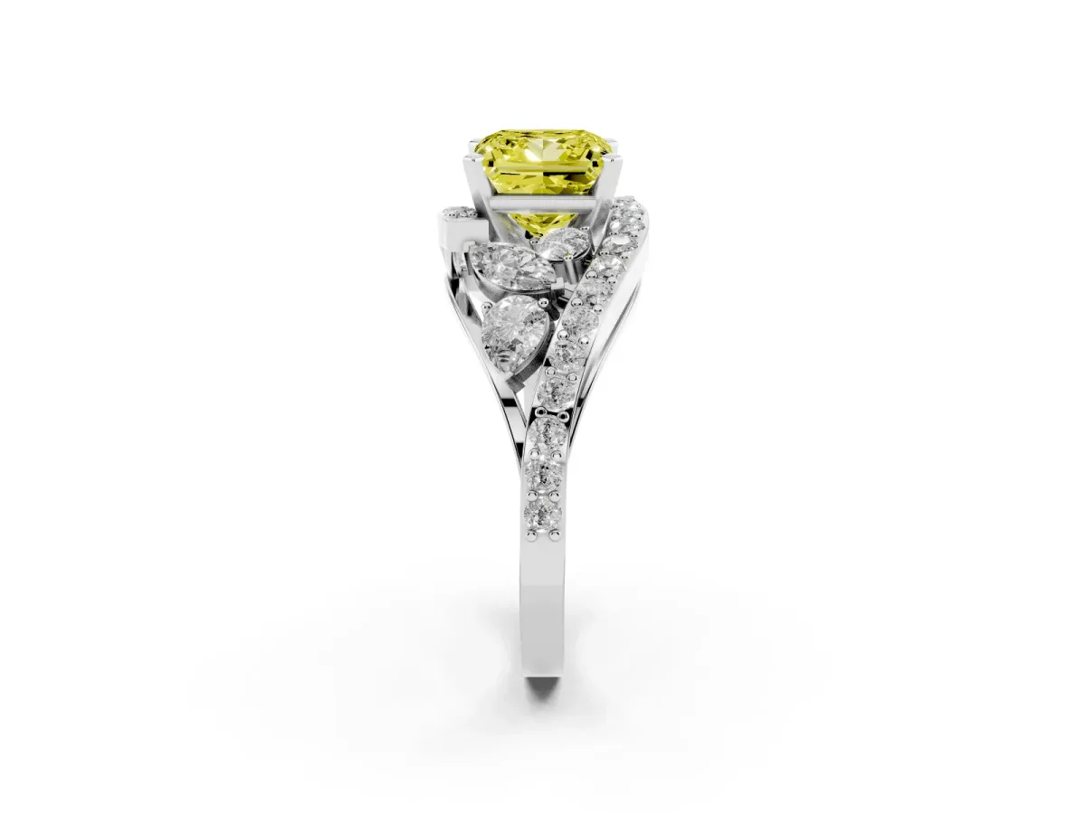 Fancy Yellow Princess Cut Diamond Halo Ring with Marquise and Pavé Band in Prong Setting Silver