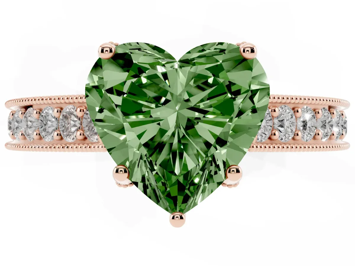 Fancy Green Heart Cut Cut Diamond Solitaire Ring with Milgrain Pave Band and Four Prong Setting Rose gold