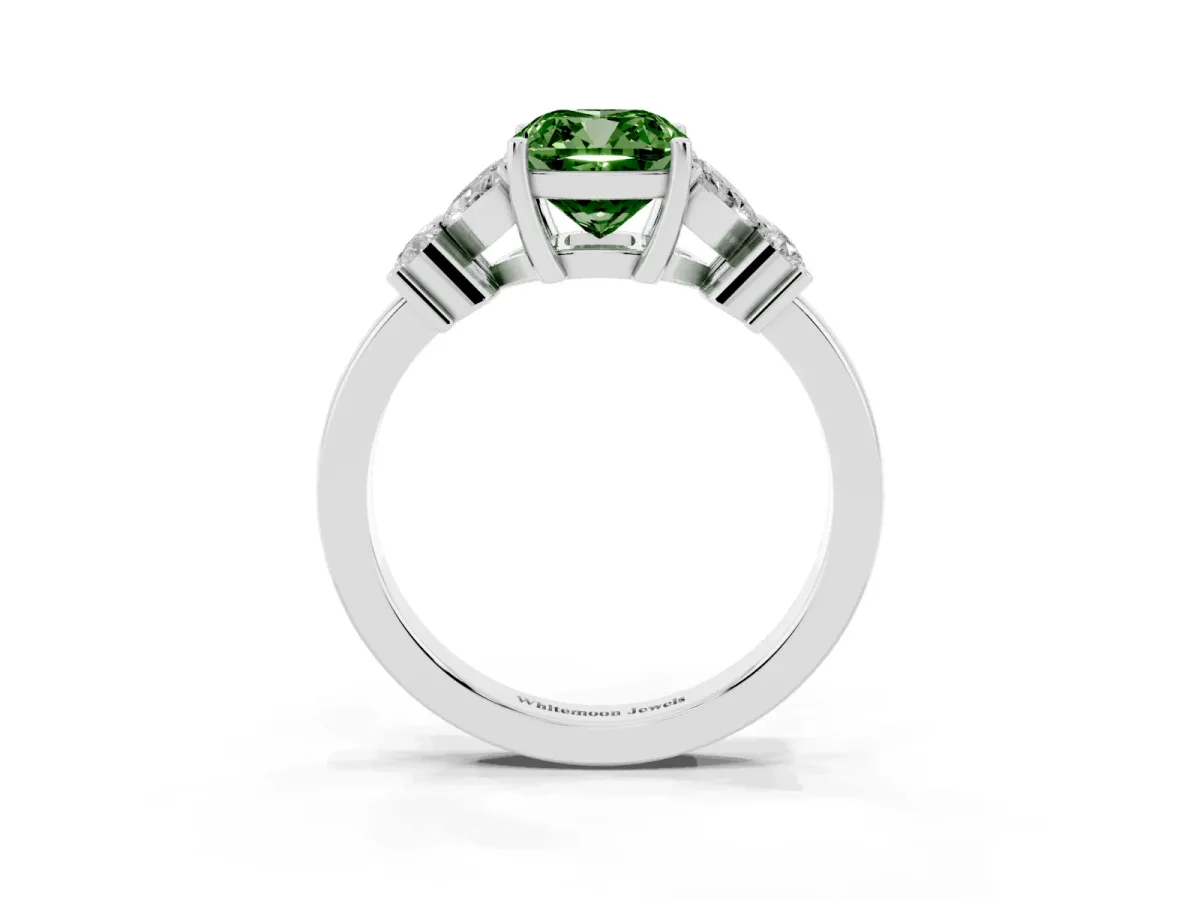 Fancy Green Cushion Cut Diamond Floral Cluster Ring with Solitaire Band and Prong Setting Platinum