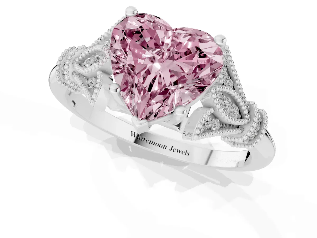 Fancy Pink Heart Cut Diamond Solitaire Ring with Floral Filigree and Pave Accents Platinum
