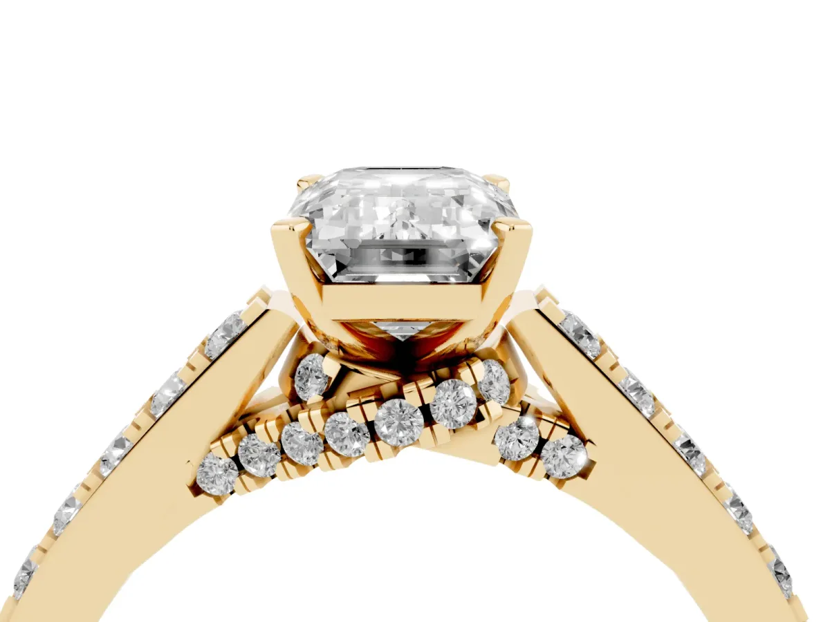 Emerald Cut Diamond Solitaire Ring with Crossover Gallery and Round Pavé Band Yellow gold