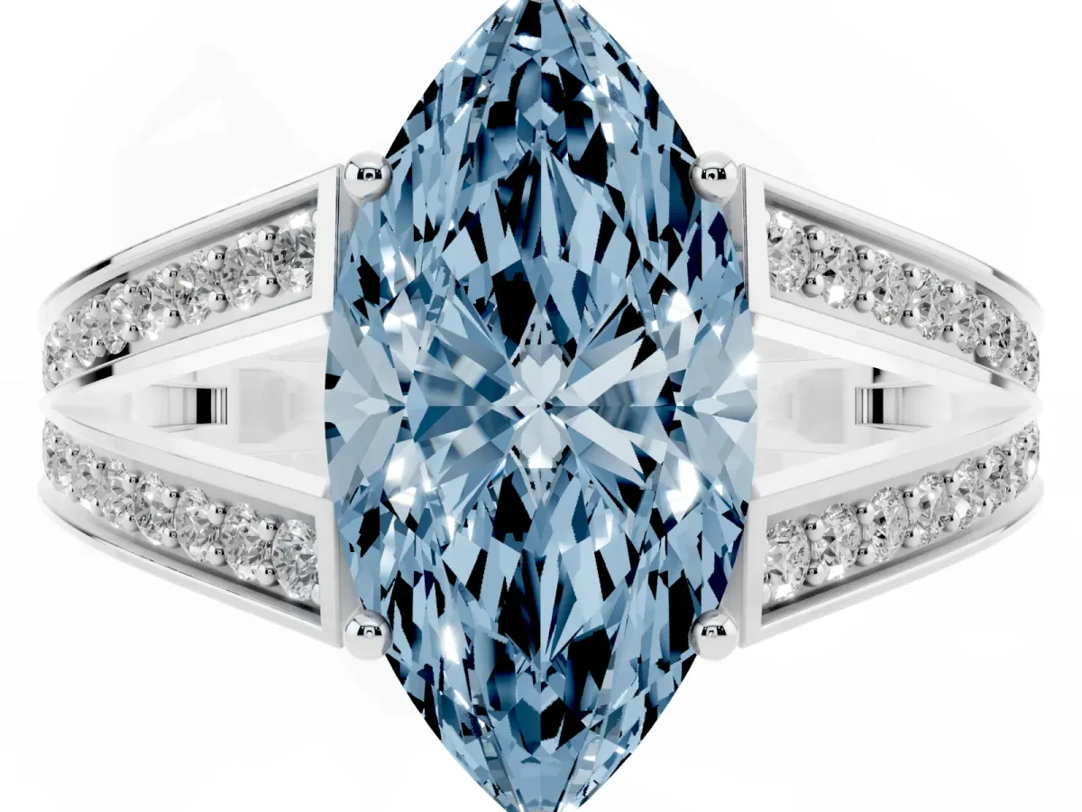 Fancy Blue Marquise Cut Diamond Split Shank Ring with Pavé Band and Four-Prong Setting Platinum