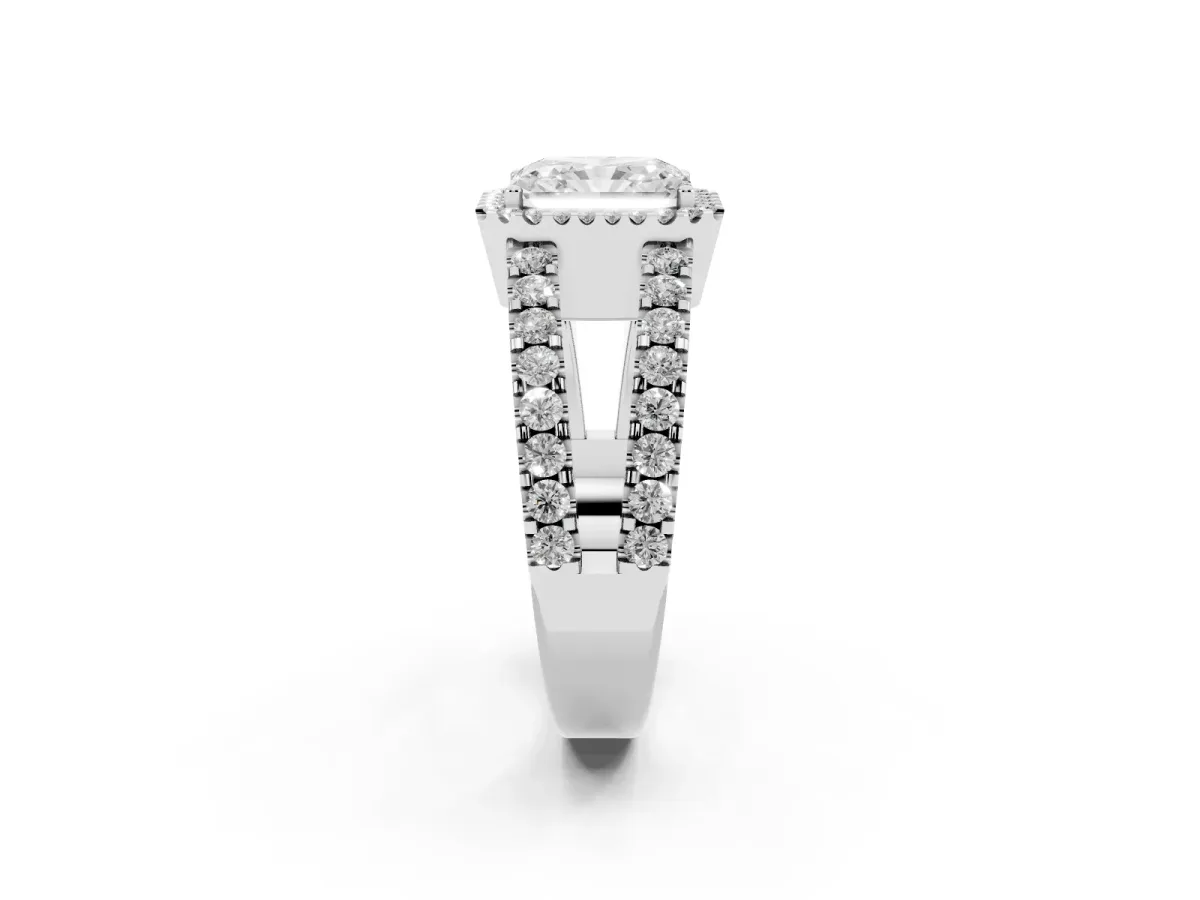 Radiant Cut Cut Halo Split Shank Diamond Ring with Four-Prong Setting White gold
