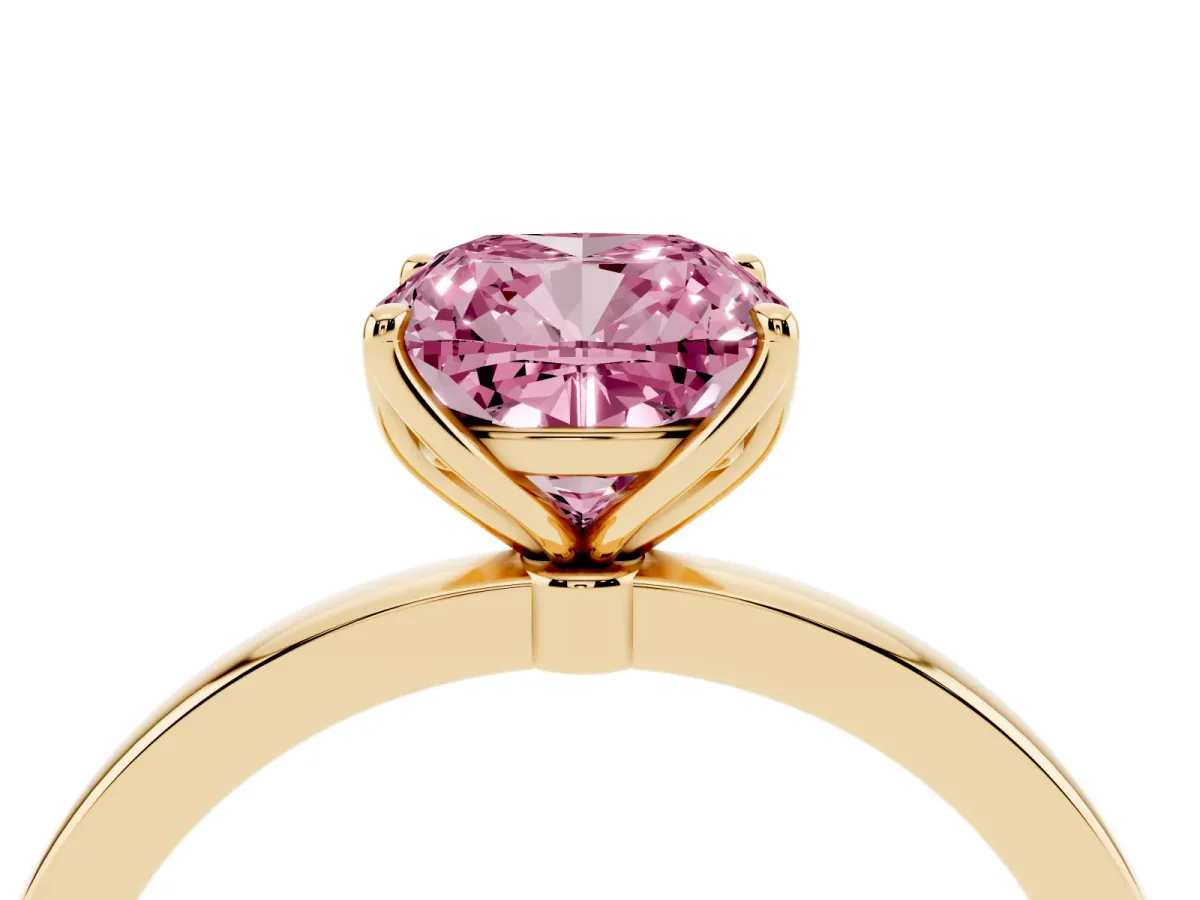Fancy Pink Cushion Cut Diamond Solitaire Ring with Thin Band and Prong Setting Yellow gold
