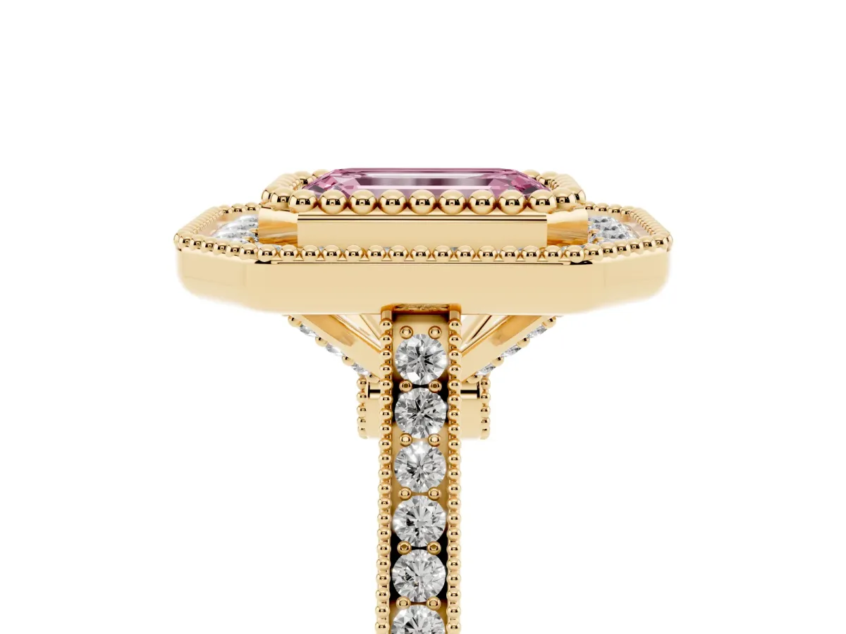 Fancy Pink Emerald Cut Diamond Halo Ring with Milgrain Frame and Pavé Band Yellow gold