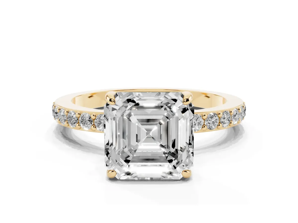 Asscher Cut Diamond Solitaire Engagement Ring with Pavé Band and Four-Prong Setting Yellow gold