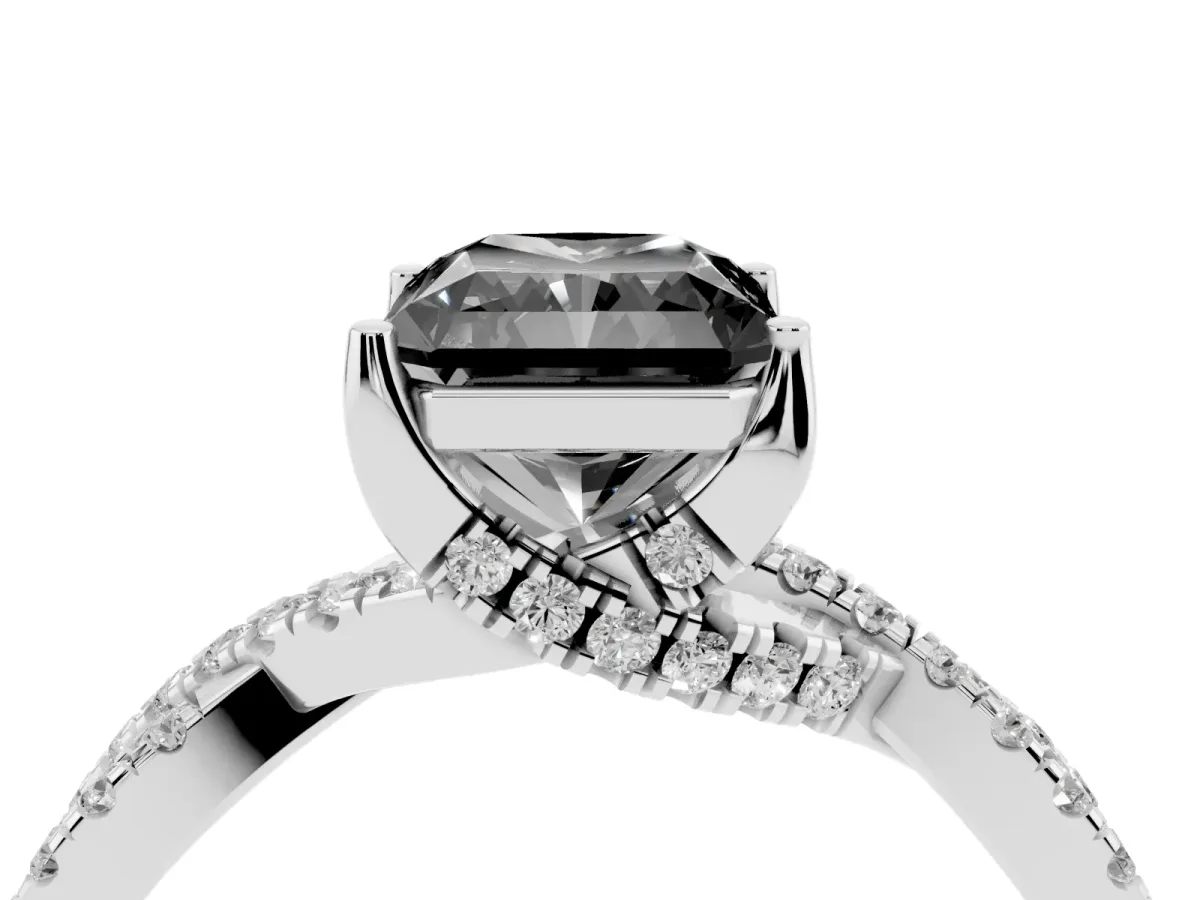 Fancy Black Radiant Cut Solitaire Twist Pave Diamond Engagement Ring with Prong Setting Silver