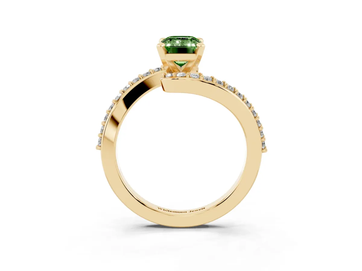 Fancy Green Emerald Cut Solitaire Twist Band with Pave Set Diamonds and Four-Prong Setting Yellow gold