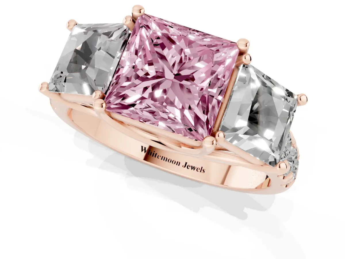 Fancy Pink Three-Stone Princess Cut Diamond Pavé Band with Prong Setting Rose gold