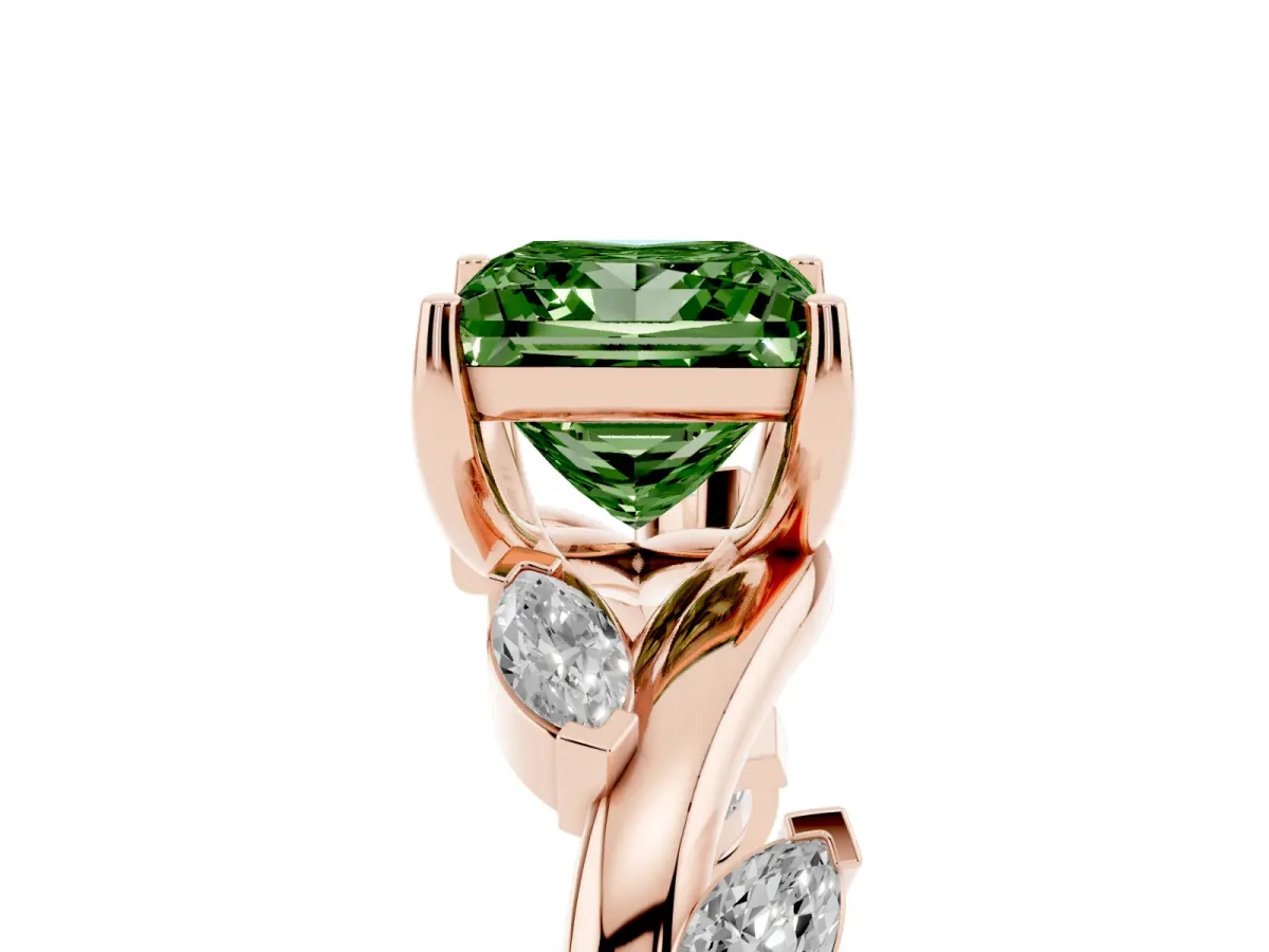 Fancy Green Princess Cut Solitaire Twisted Band Marquise Accent Prong Setting Ring Rose gold