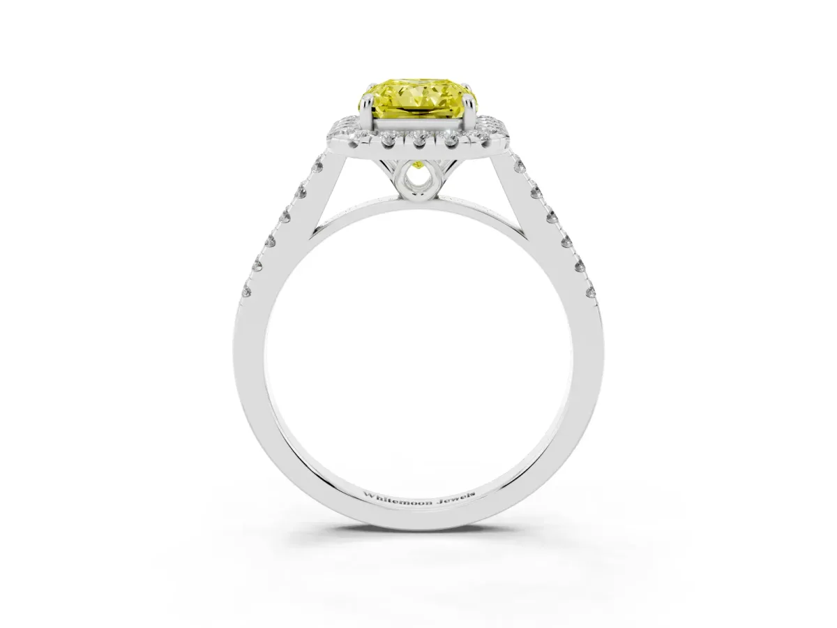 Fancy Yellow Radiant Cut Halo Pavé Diamond Engagement Ring with Four-Prong Setting Silver