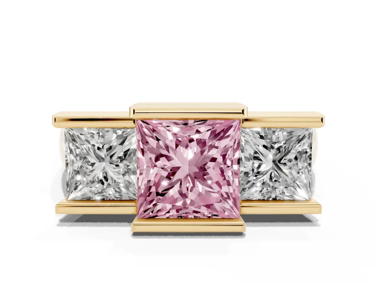 Fancy Pink Three Stone Princess Cut Cut Channel Set Diamond Ring Yellow gold