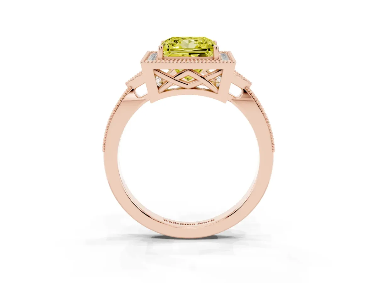 Fancy Yellow Princess Cut Halo Round Diamond Milgrain Pave Engagement Ring Rose gold