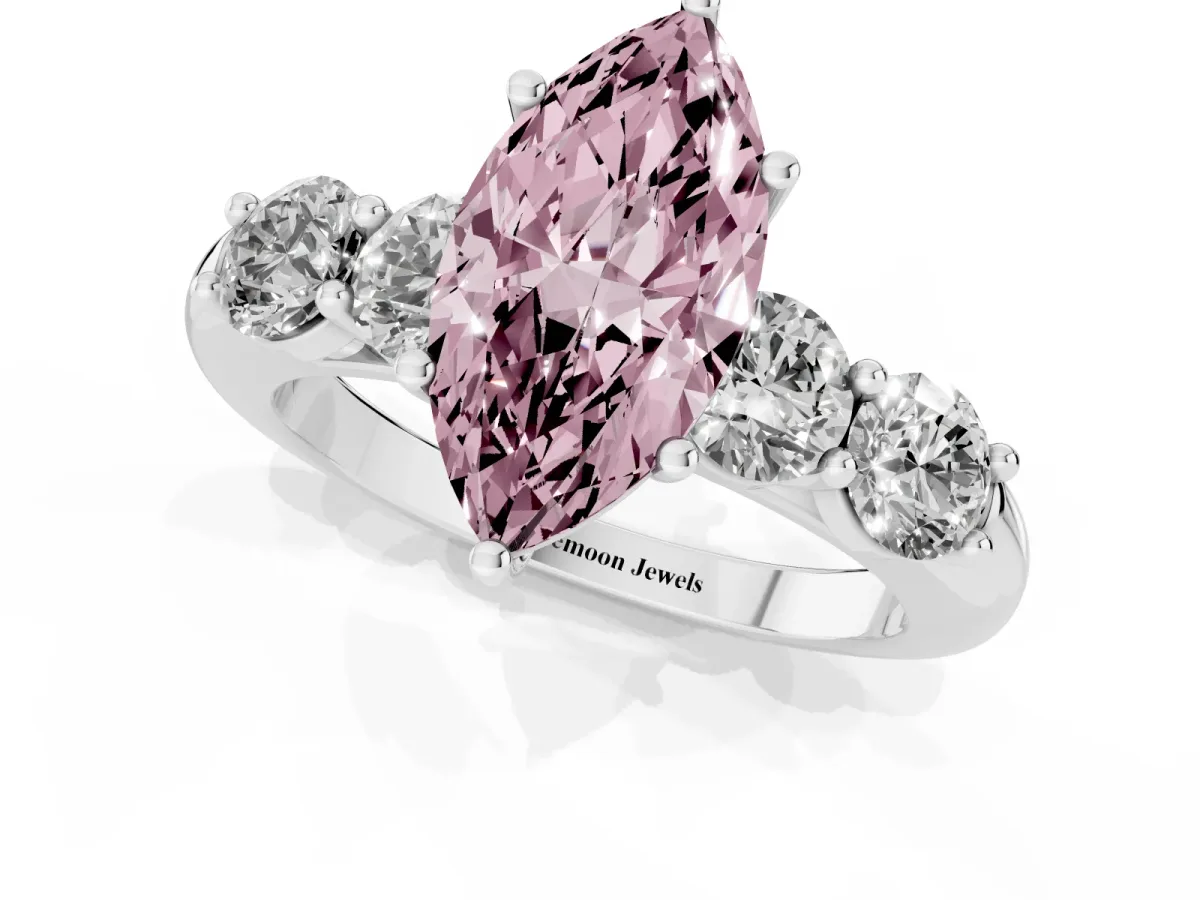 Fancy Pink Marquise Cut Cut Five-Stone Prong Set Diamond Ring with Classic Band Silver
