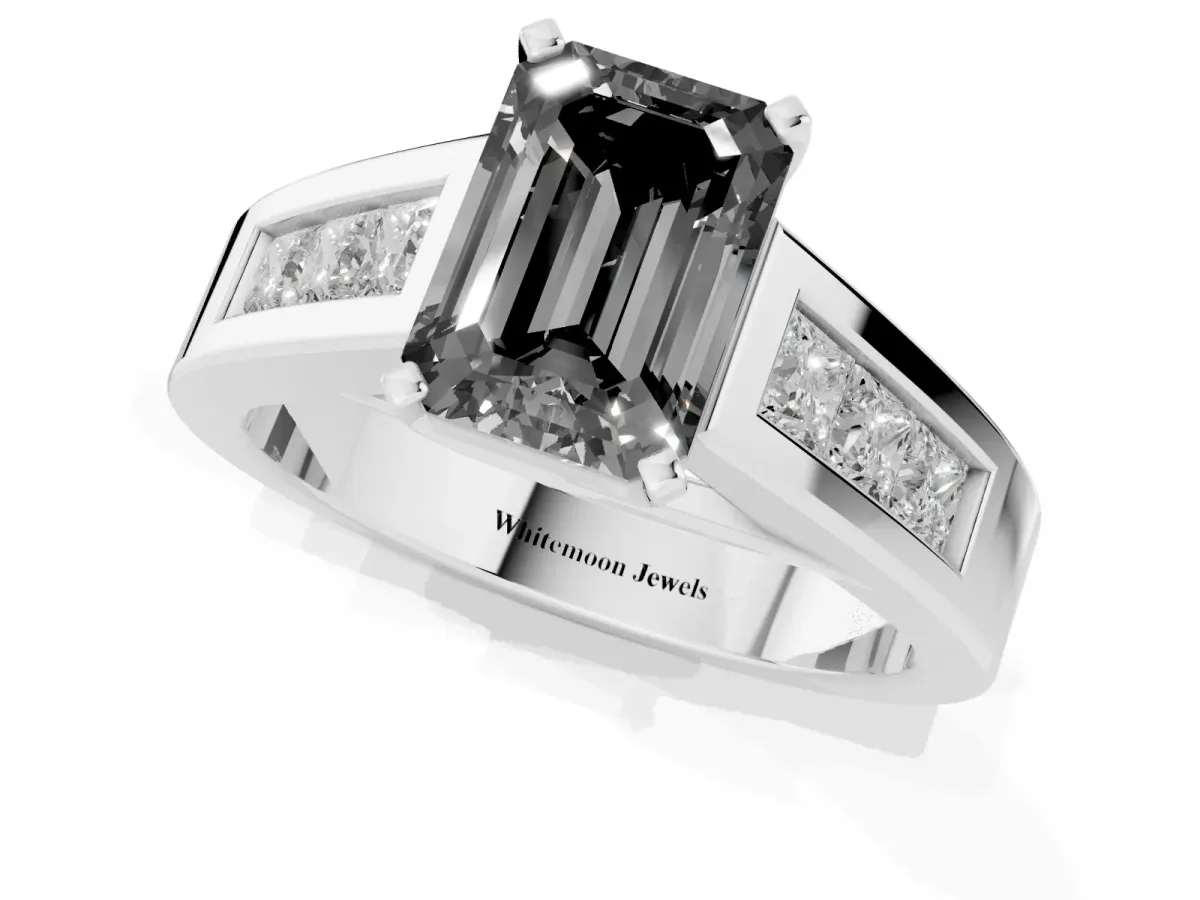 Fancy Black Emerald Cut Cut Channel Set Solitaire Ring with Four-Prong Setting White gold
