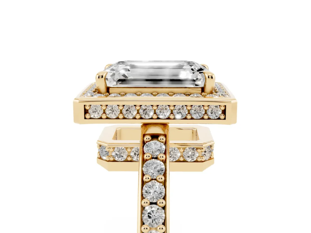 Emerald Cut Halo Pave Band Solitaire Ring with Prong Setting Yellow gold