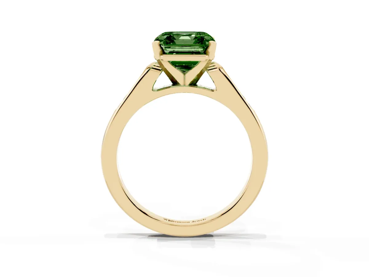 Fancy Green Asscher Cut Diamond Solitaire Ring with Channel Set Round Band and Prong Setting Yellow gold