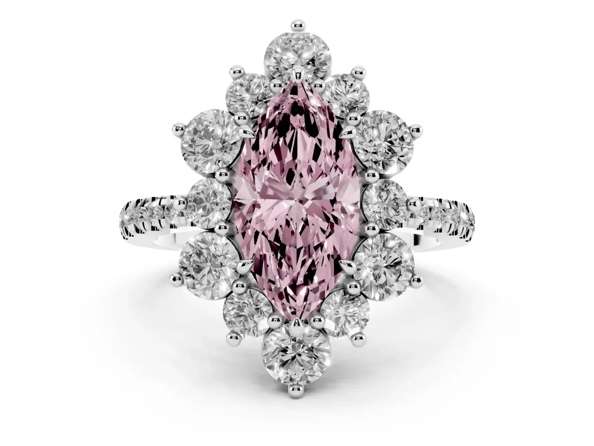 Fancy Pink Marquise Cut Diamond Floral Halo Ring with Round Pavé Band and Prong Setting White gold