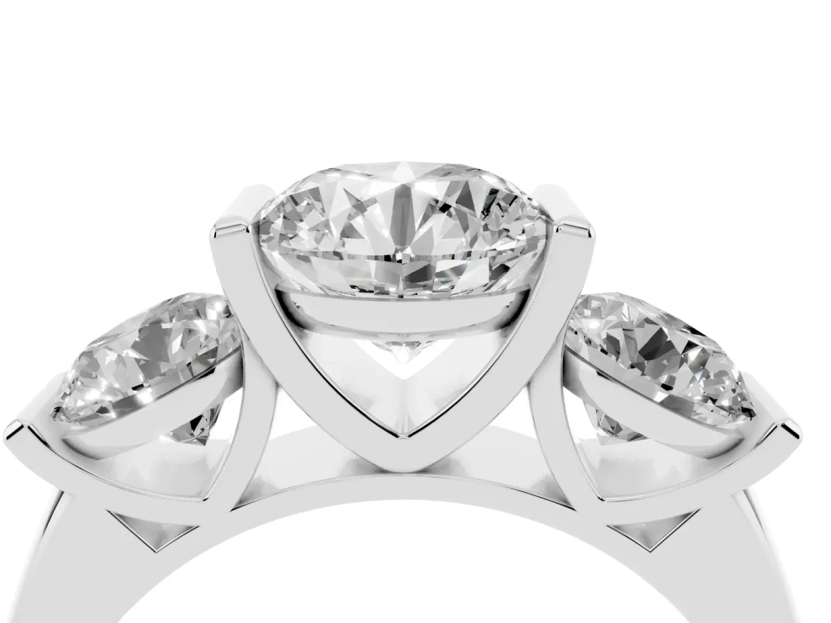 Three-Stone Round Cut Brilliant Diamond Ring with Channel Setting and White Gold Band Silver