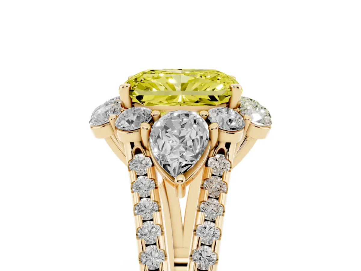 Fancy Yellow Radiant Cut Halo Split Shank Diamond Engagement Ring with Prong Setting Yellow gold