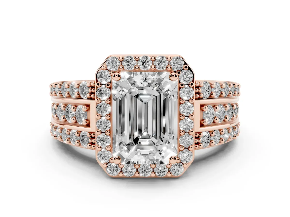 Emerald Cut Halo Diamond Ring with Round Split Shank and Prong Setting Rose gold